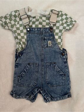 Denim Short Overalls for Kids with Green Check Tee